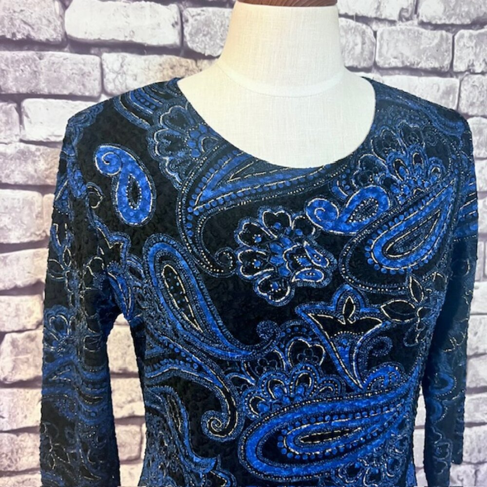 Brittany Black Blue, Black & Gold 3/4 Sleeve Blouse Size L - Picture 2 of 7